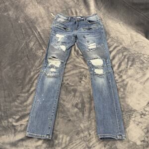 Embellish NYC Moto Biker Denim Blue Jeans, Sz 32 Distressed W/ Stains City Retro